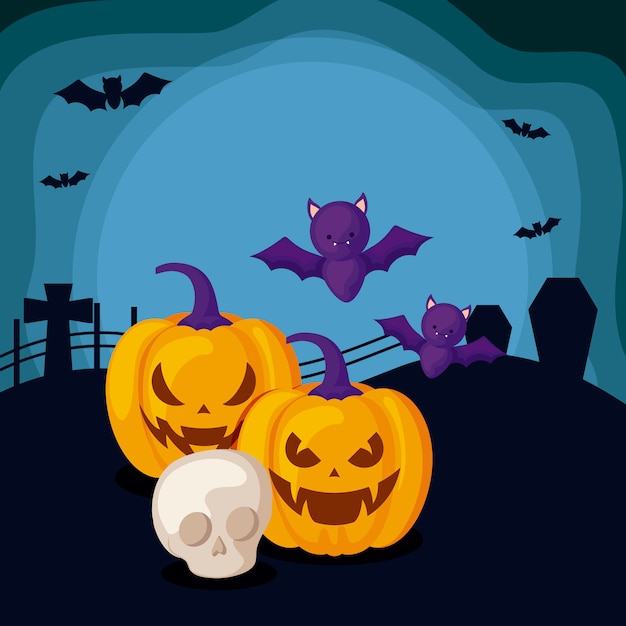 Set di zucche con teschio nella scena di halloween