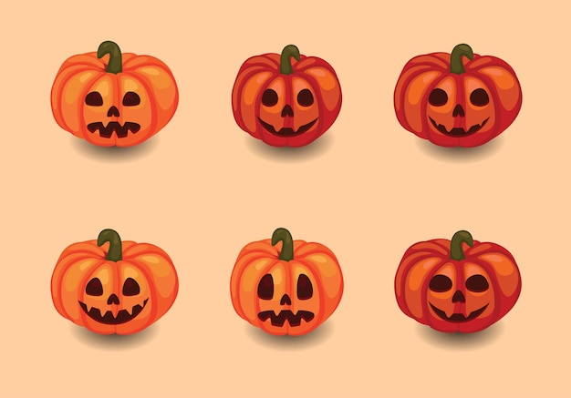 Set di zucche di Halloween con diverse emozioni facciali spaventose su sfondo chiaro