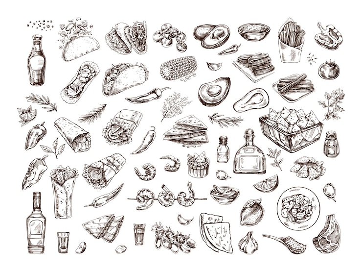 Vettore set disegnato a mano di piatti messicani realistici e prodotti della cucina latinoamericana