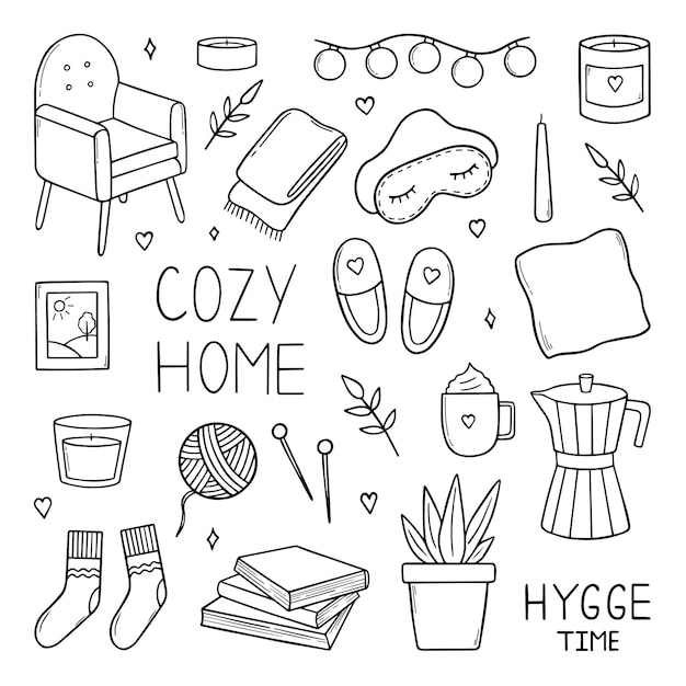 Set disegnato a mano di scarabocchi home hygge Accoglienza e stile di vita confortevole casa accogliente