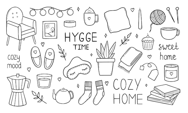 Set disegnato a mano di scarabocchi home hygge Accoglienza e stile di vita confortevole casa accogliente