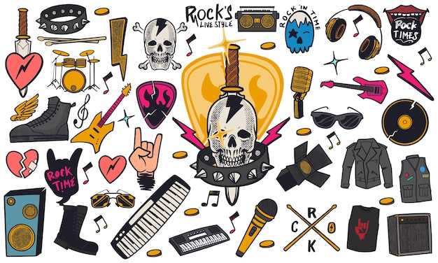 Set disegnato a mano di strumenti musicali doodle di musica rock in stile doodle isolati su sfondo bianco