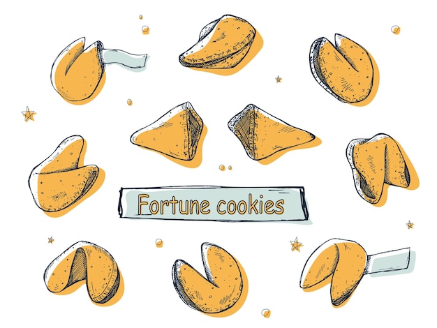 Set disegnato a mano di vettore di biscotti cinesi della fortuna Biscotto croccante con un pezzo di carta bianco all'interno