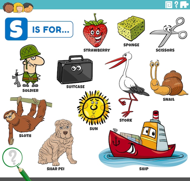Set educativo di parole di lettera s con personaggi dei cartoni animati