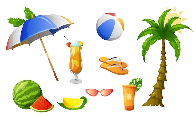 Set estivo accessori Occhiali da sole da spiaggia ombrello frutta crema solare bevande fredde pantofole palmo