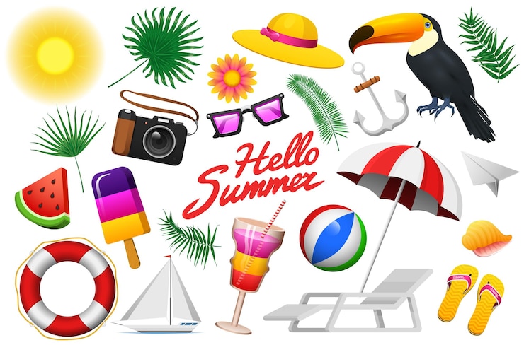 Vettore set estivo nautico vacanze marine sulla spiaggia piante tropicali e uccelli fotocamera e ancora gelato e milkshake sdraio tucano e pappagallo viaggi retrò vacanze vintage in mare