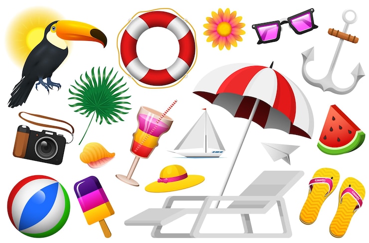 Vettore set estivo nautico vacanze marine sulla spiaggia piante tropicali e uccelli fotocamera e ancora gelato e milkshake sdraio tucano e pappagallo viaggi retrò vacanze vintage in mare