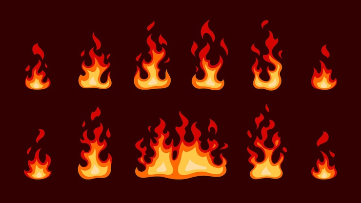 Vettore set fuoco piatto fiamme isolate su sfondo scuro illustrazione vettoriale