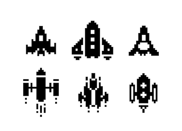 Set grafico di pixel art in bianco e nero dell'astronave