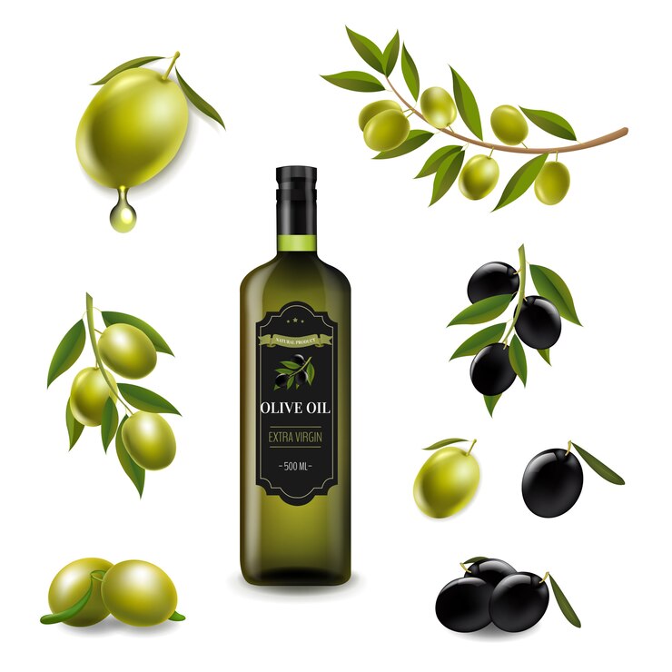 Set Grande Con Olive Ramo E Con Olio Di Oliva Vergine In Bottiglia Di Vetro Bianco