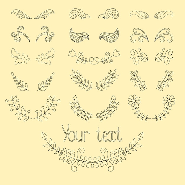 Set grande: elementi di design calligrafici e decorazione di pagine con allori, ghirlande, divisori di linee calligrafiche. Elementi di design disegnati a mano