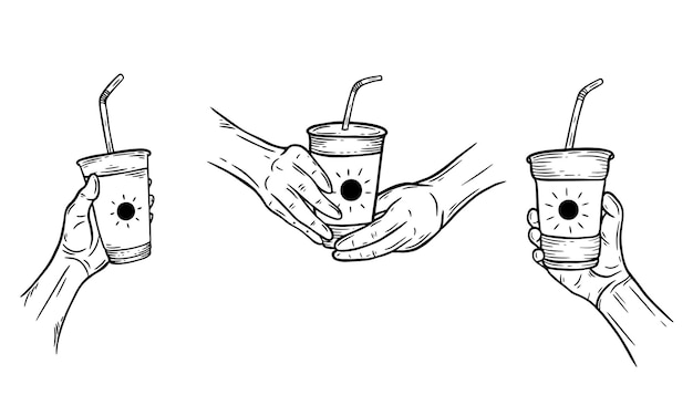Set Hand Drawn Hold Coffee Cream bevanda Dessert Shop Glass Cup Menu Cafe Ristoranti illustrazione