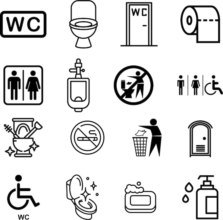Set icona Bagni pubblici Bagni a sedere Tissue Bagni maschili Bagni femminili Illustrazione vettoriale