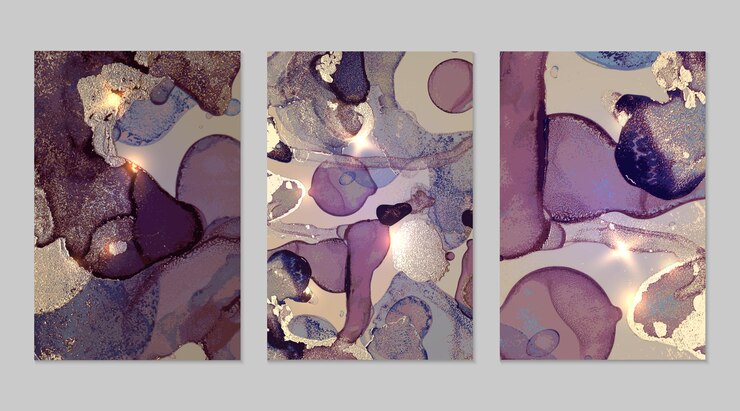 Vettore set in marmo di sfondi astratti viola e oro con glitter nella tecnica dell'inchiostro ad alcool