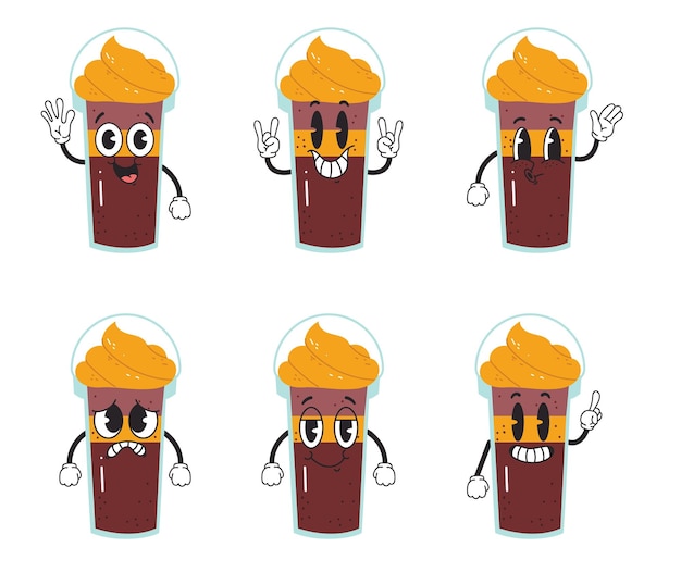 Set isolato di personaggi di caffè in stile retro Elemento di progettazione grafica di cartoni animati vettoriali