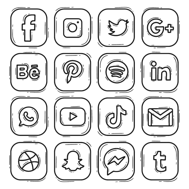 Vettore set logo icon social media hand drawn doodle
