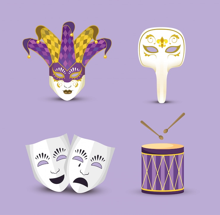 Vettore set maschere di mardi gras con cappello joker e tamburo
