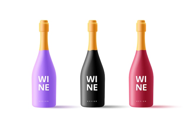 Set moderno e realistico 3D di bottiglie di vino colorate con etichetta in oro e testo Spumante design