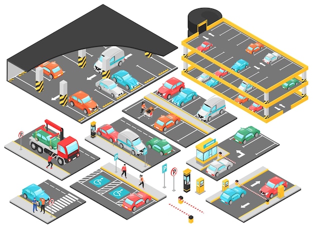 Set multilivello sotterraneo per parcheggio auto isometrico con elementi di costruzione isolati per livelli di parcheggio con illustrazione di auto
