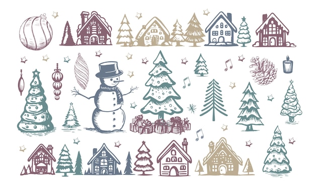 Set natalizio in stile schizzo Illustrazioni disegnate a mano disegno a linea nero su sfondo bianco
