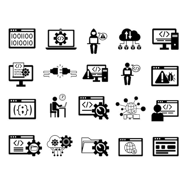 Set nero di icone di programmazione e codifica