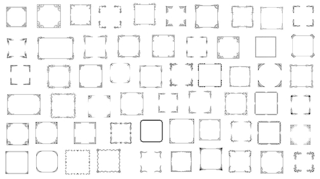 Set Nero Simple Line Frame Collection Doodle Square Floral Frame Elementi Stile di progettazione vettoriale