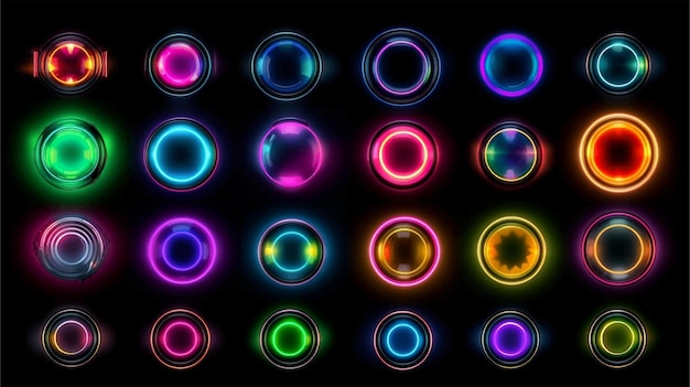 Set of Collection Abstract cosmic vibrant color circle backdrop RGB Red Green Blue Pink Purple of Glowing neon lighting on dark background Futuristic style neon color vector illustration