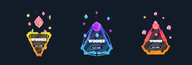 Set of Three Game UI Pop Up Window Pagina di ricompensa Vincitore Cristalli magici Triangolo Sci Fi Hud Futuristico