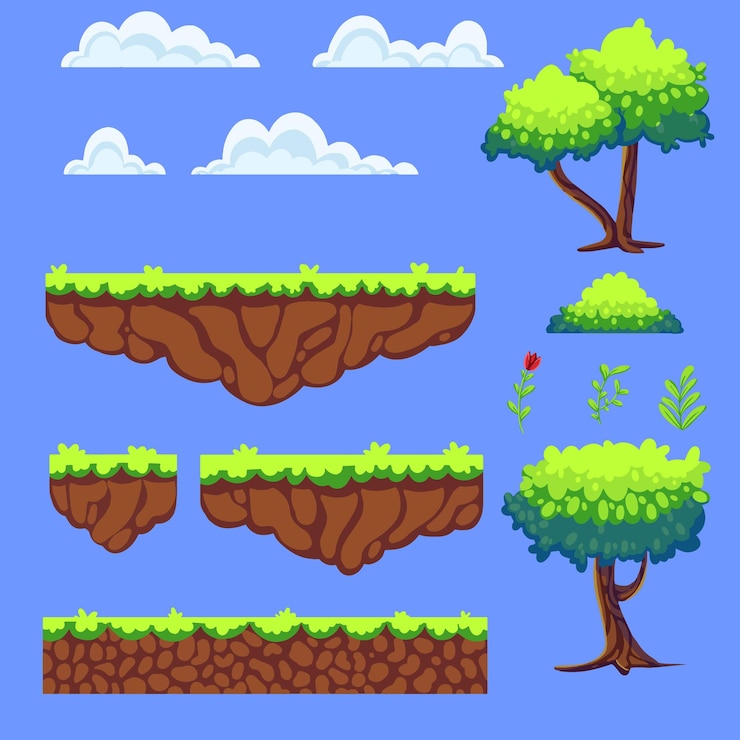Vettore set per creare giochi platform, un paesaggio forestale con alberi, piante, nuvole, un cespuglio. piattaforme e isole per creare giochi