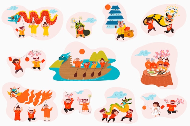 Set per il Capodanno cinese disegnato a mano