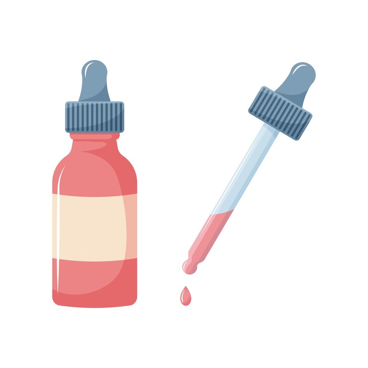 Vettore set per la cura della pelle. pipetta con gocce e una bottiglia di siero facciale. olio di rosa per il massaggio del viso.