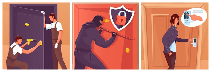 Vettore set piatto con installazione, forzatura e apertura della porta illustrazione isolata