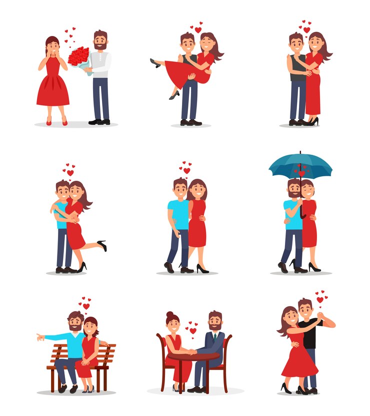 Vettore set piatto di coppie romantiche in diverse azioni. personaggi dei cartoni animati di giovani uomini e donne nelle date