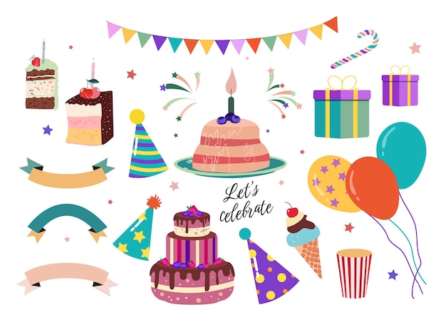 Set piatto di elementi di compleanno Holiday celebra la raccolta dell'anniversario di saluto del palloncino regalo della torta