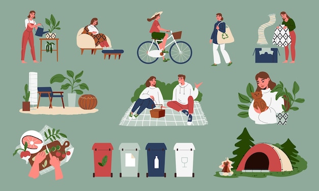 Set piatto per lo stile di vita Lagom con persone interne accoglienti che trascorrono del tempo all'aperto smistando i rifiuti cibo sano isolato su sfondo colorato illustrazione vettoriale