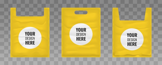 Set realistico di mockup di sacchetti di plastica gialli con spazio per la pubblicità isolato su sfondo trasparente Illustrazione vettorialexA
