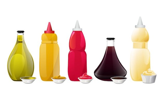 Set salsa grande in bottiglia. Salse di soia, olio d'oliva, senape, ketchup e maionese. Elementi di condimento per il food design.