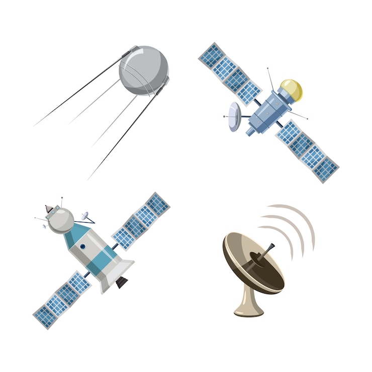 Vettore set satellitare cartone animato set di satellite