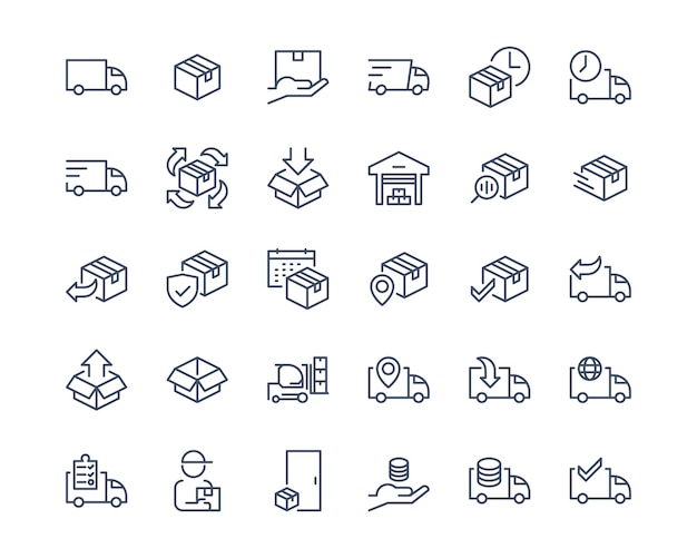 Set semplice di icone del servizio di consegna Contiene icone come Warehouse Storage e box o parcel package outline Express Shipping Supply Stroke modificabile