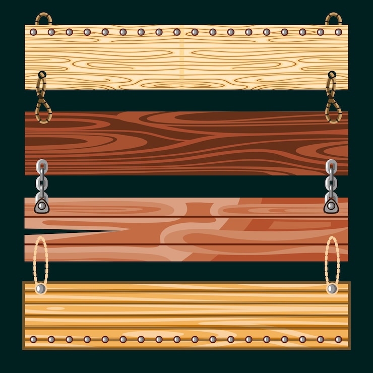 Vettore set tavole di legno appese catene