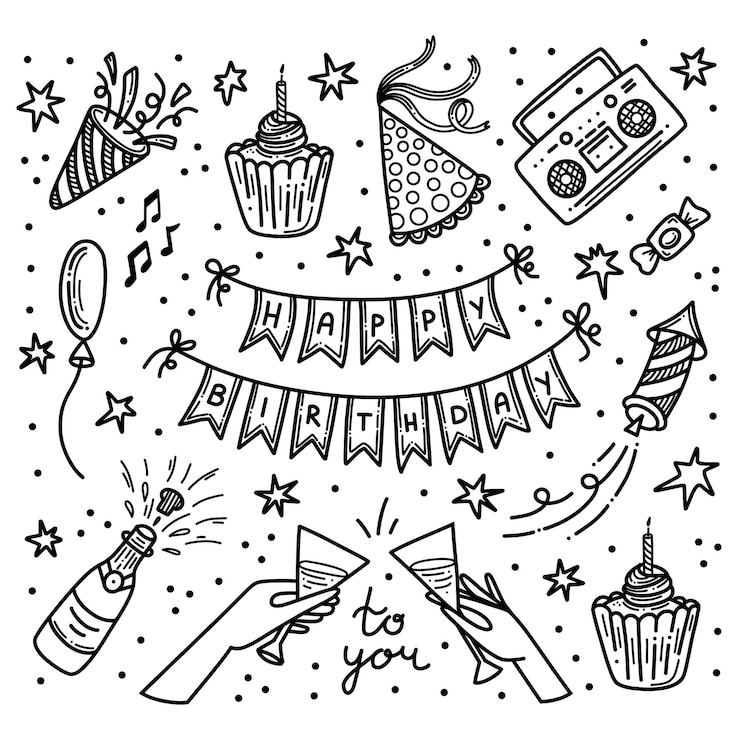 Vettore set vettore doodle per feste di compleanno collezione grande di clipart disegnate a mano per la festa di buon compleanno
