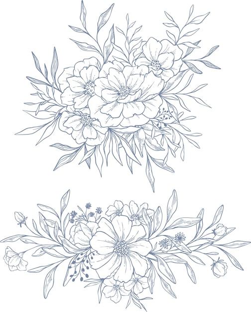 set vettoriale bellissima ghirlanda floreale e foglie elementi artistici lineari elementi set botanici disegnati a mano