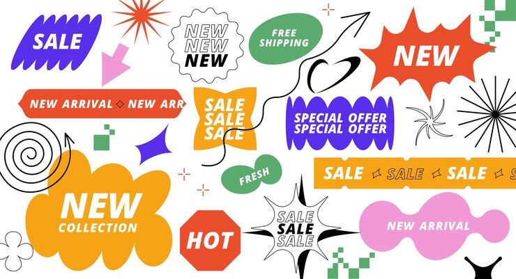 Vettore set vettoriale con adesivi e patch y2k per la vendita e la promozione di sconti cartelli per post sui social media