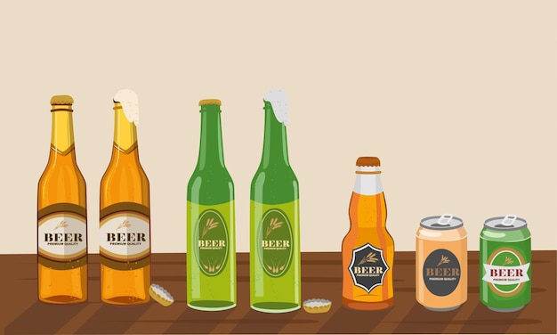 Set vettoriale di bottiglie di birra con birra marrone e verde Vettore piatto in stile cartone animato