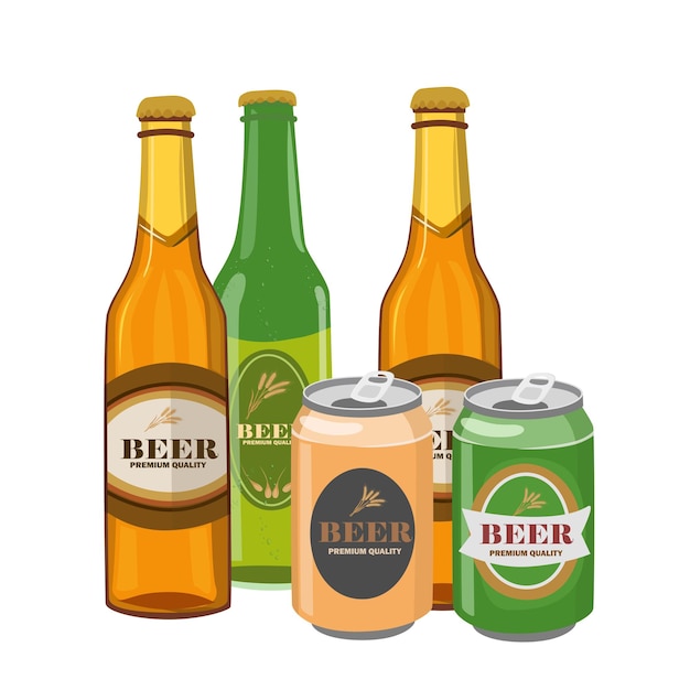 Set vettoriale di bottiglie e lattine di birra Vettore piatto in stile cartone animato