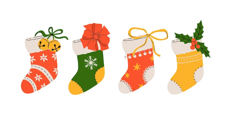 Vettore set vettoriale di calze di natale isolato dallo sfondo varie collezioni tradizionali di calze o calze natalizie colorate e ornate illustrazioni di design per il capodanno in cartone animato