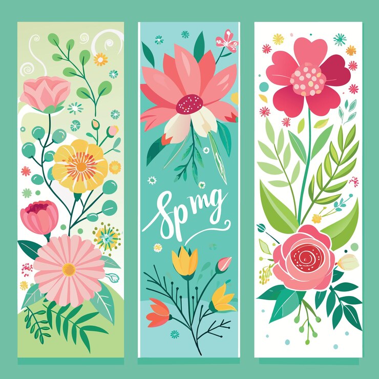 Vettore set vettoriale di carte verticali per le vacanze primaverili, striscioni con lettere a pennello e fiori scarabocchiati