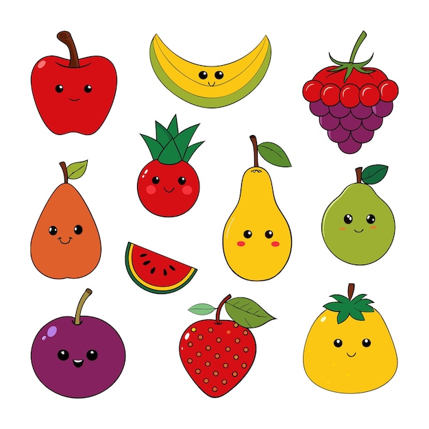 Set vettoriale di cartoni animati di frutta con affascinanti illustrazioni