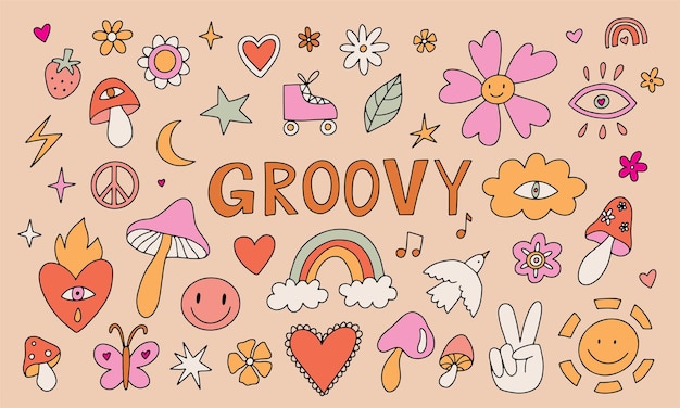 Set vettoriale di clipart psichedeliche anni '70 Elementi grafici groovy retrò di occhi di fiori di funghi Adesivi hippy dei cartoni animati