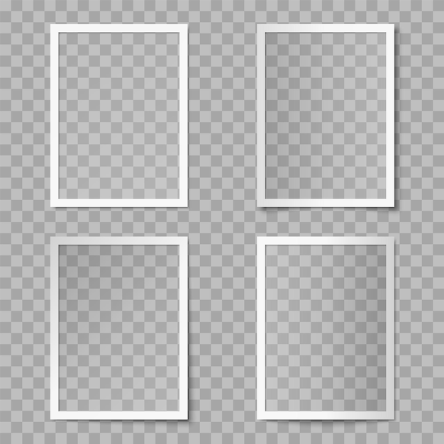 Set vettoriale di cornici di schede fotografiche rettangolari verticali bianche con vari effetti di illuminazione e ombre su sfondo trasparente Mockup di vecchia fotografia
